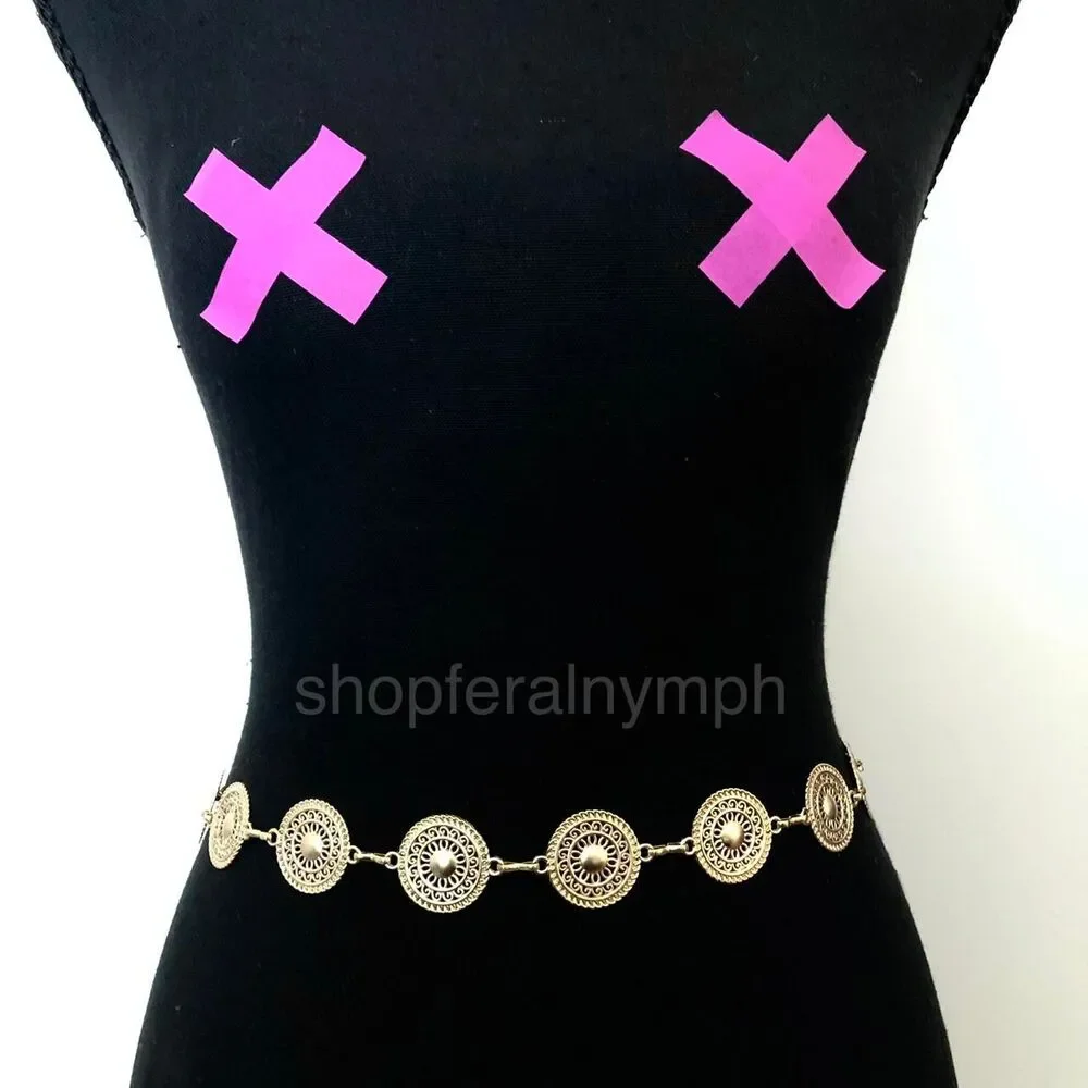 Gold Y2K Textured Round Medallion Boho Chain Belt, Fits 25-44.5 Inches, X7GA1247